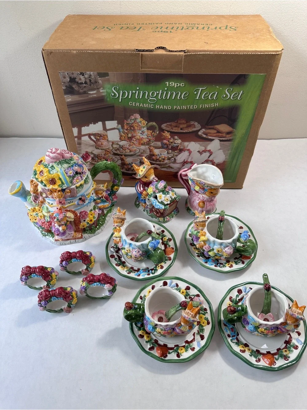 Springtime Tea Set 19pc Ceramic Hand Painted Finish Easter Bunny Rabbit Boxed